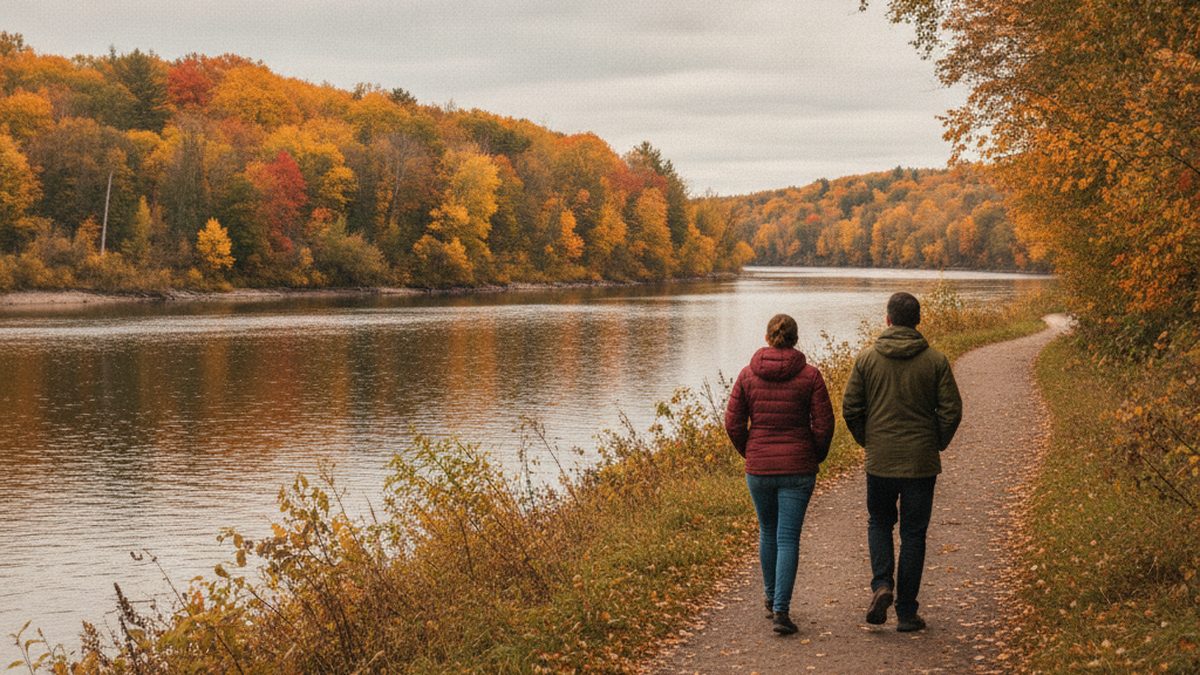Two people seen from behind walking side by side on a riverside path lined with autumn trees