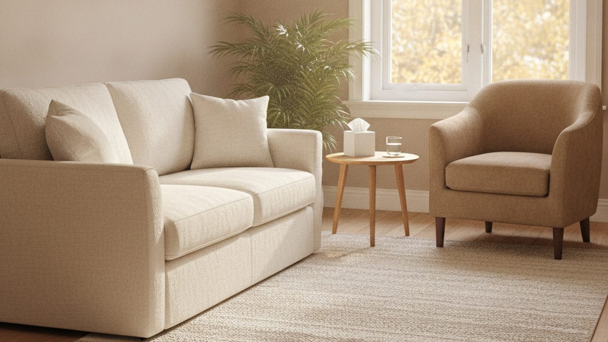 Calm counselling room with a cream two-seat sofa facing an armchair, a small table with tissues and water, and autumn light through the window