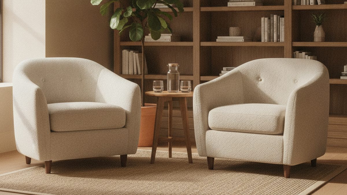 Two cream armchairs facing each other in a sunlit counselling room with a bookshelf, a plant and a water carafe