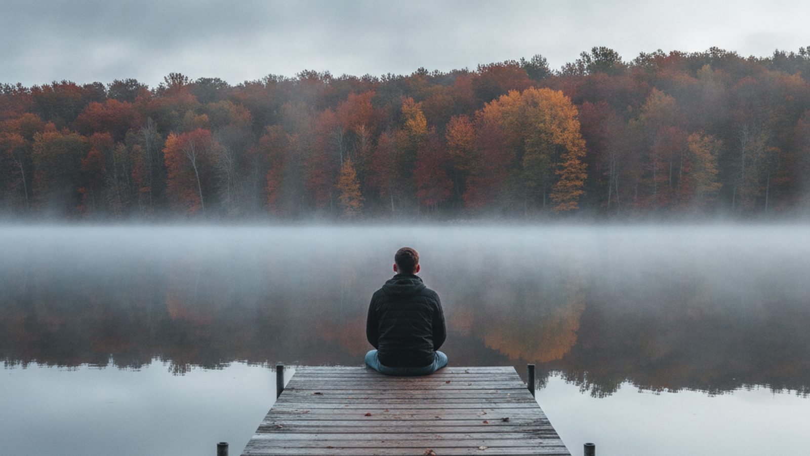 A person seen from behind sitting alone at the end of a wooden dock on a misty lake at dawn, with autumn trees on the far shore