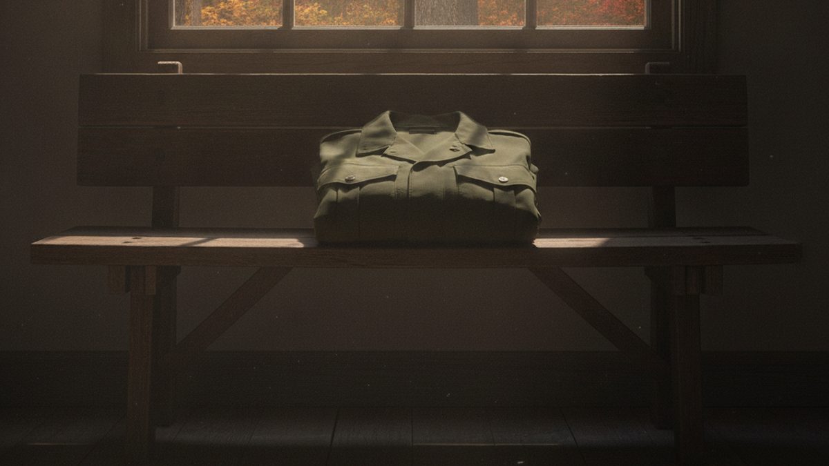 A folded plain olive-green jacket resting on a wooden bench beneath a window with autumn trees outside