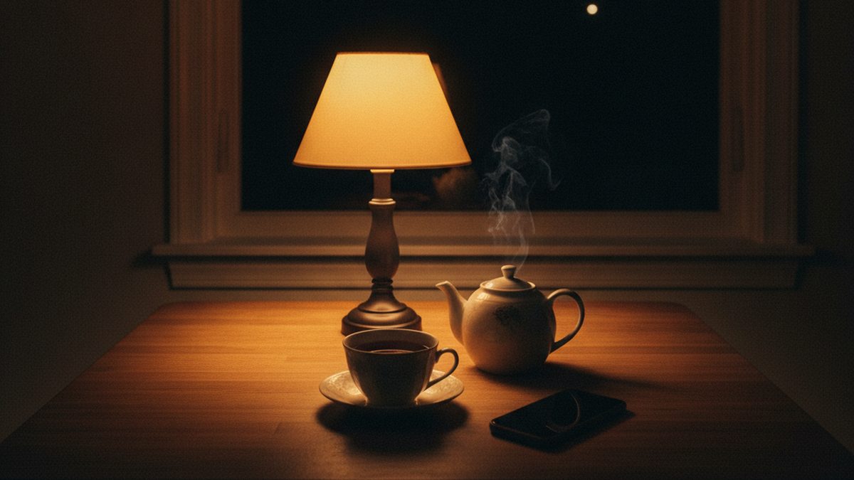 A kitchen table at night lit by a single lamp, with a cup of tea, a teapot and a phone lying face down