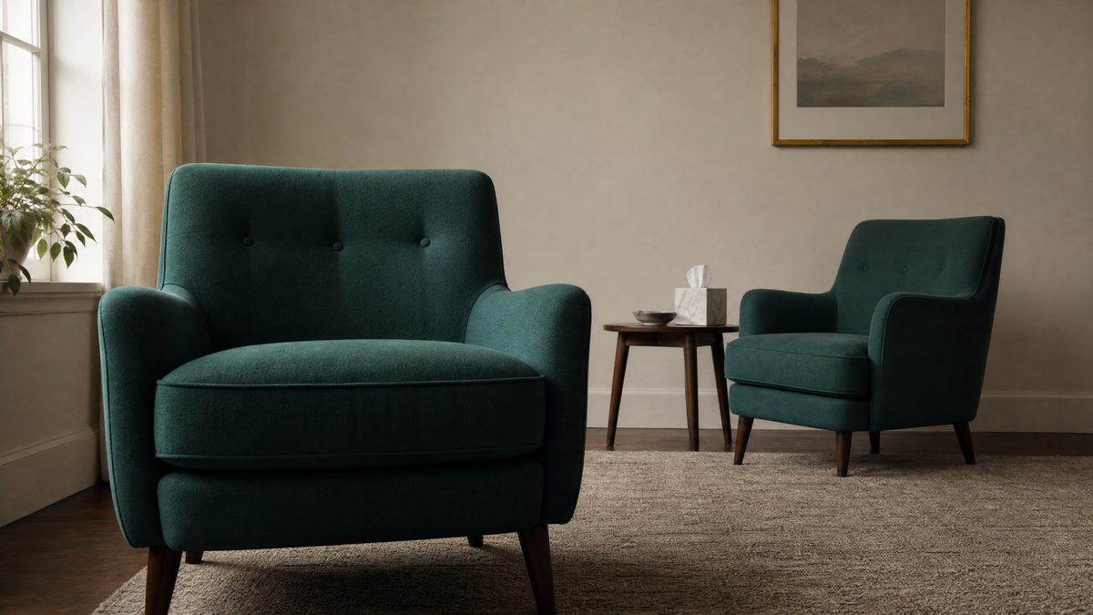 Counselling room with one armchair pulled forward and dominating the space while the second sits further back and angled away