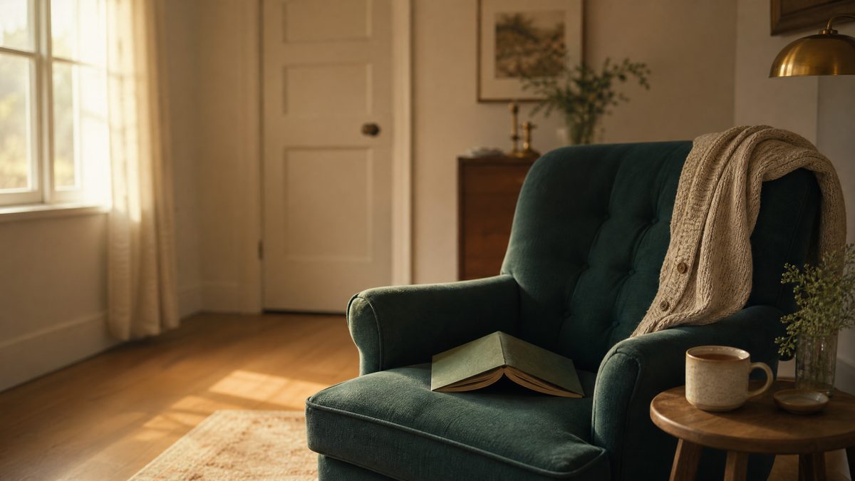 Quiet reading chair by a window with a book, cardigan and tea, representing reclaimed personal space and boundaries
