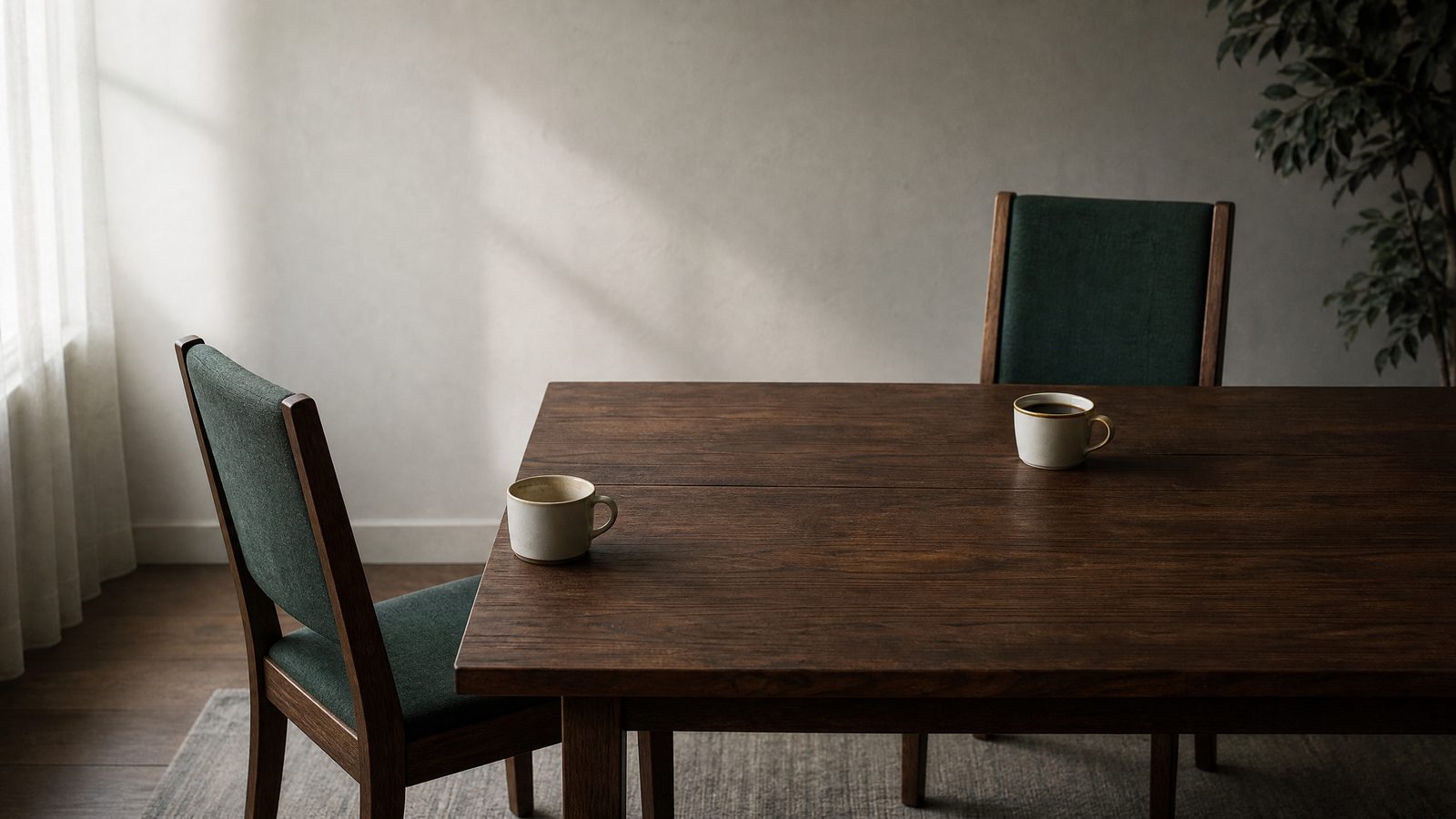 Dining table with one chair turned sharply away and two unequal coffee cups, symbolising an imbalanced relationship