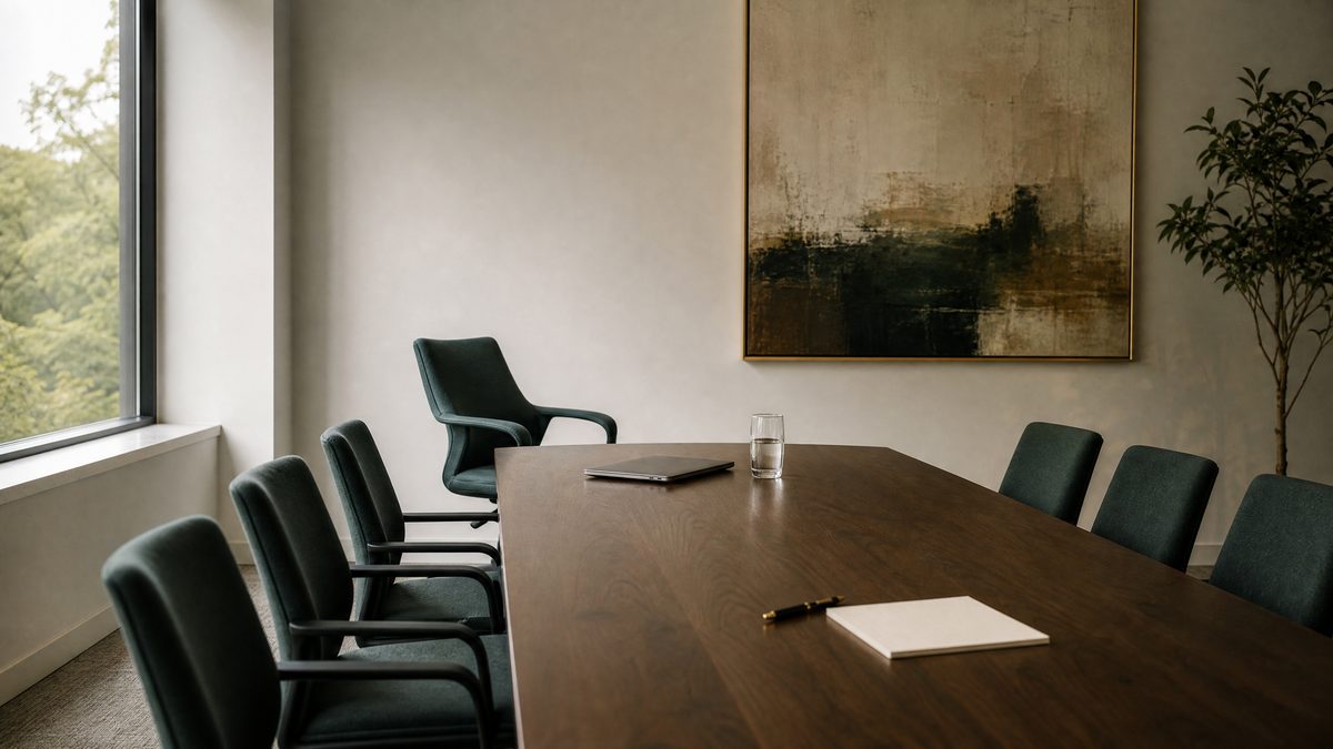 Empty meeting room with one chair pushed back at the head of the table after a tense workplace discussion