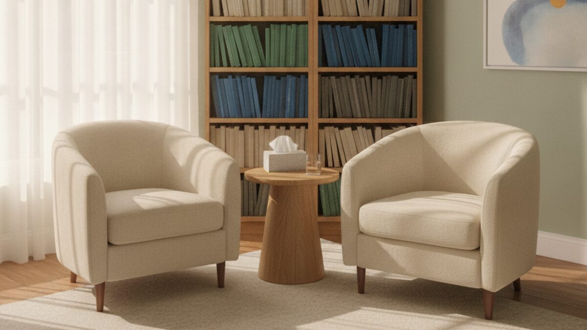 Two cream armchairs facing each other in a calm, sunlit counselling room with a bookshelf behind