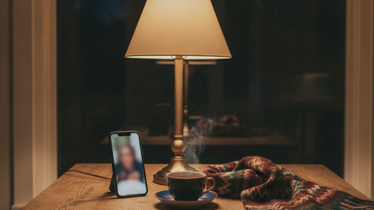 Phone propped against a table lamp in the evening during a blurred video call, beside a cup of tea and a knitted scarf