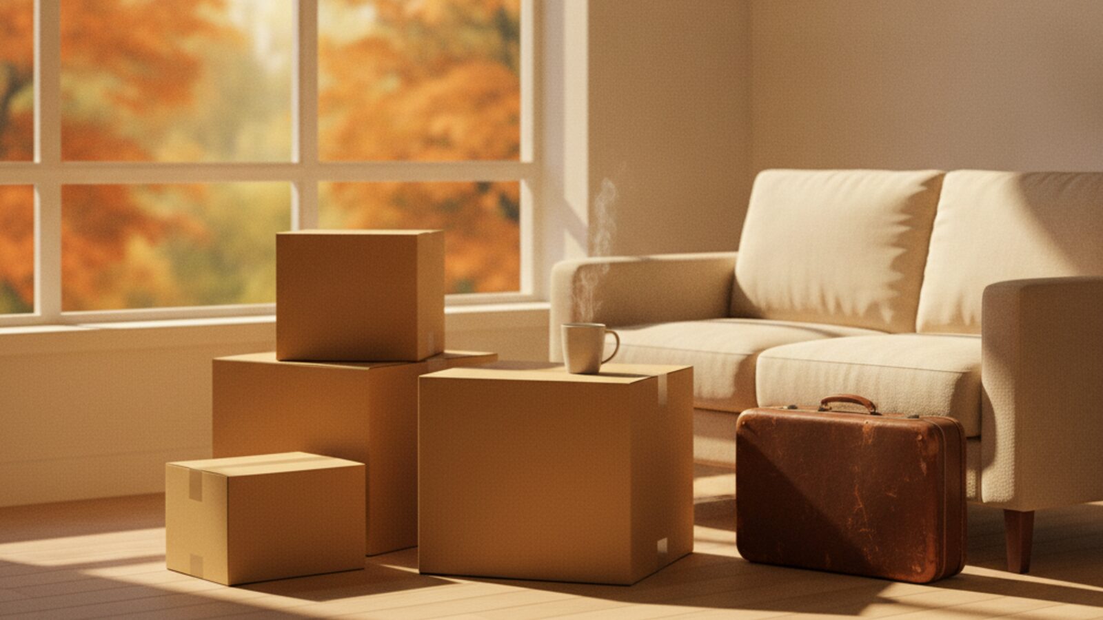 Moving boxes and a worn suitcase beside a sofa in a sunlit apartment, with autumn maple trees outside the window