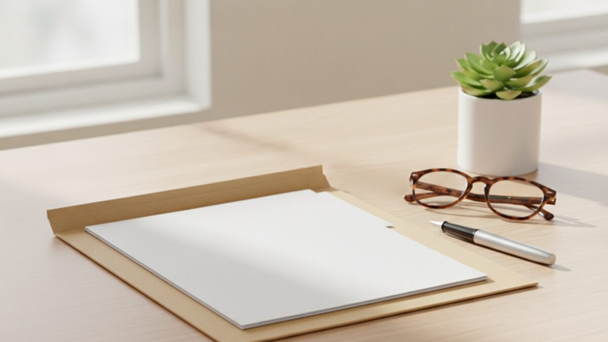 Plain folder with blank pages, a pen and reading glasses on a light wooden desk in soft daylight