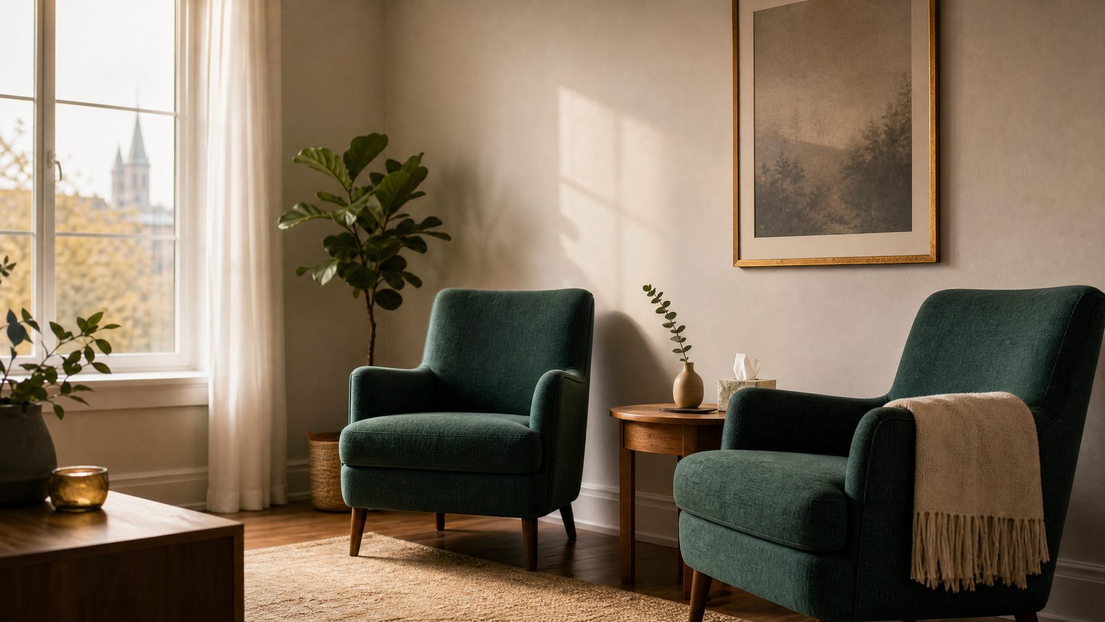 Private psychotherapy consultation room in Ottawa with two facing armchairs and soft natural light