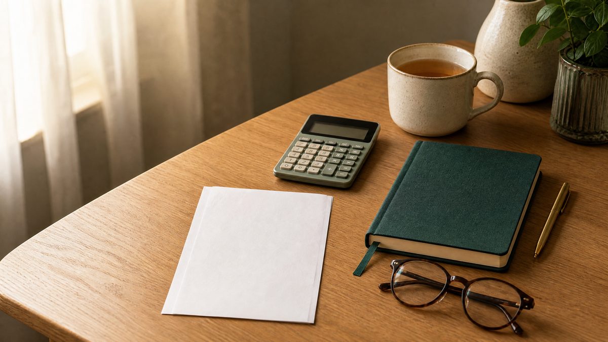 Desk with a benefits statement, calculator, notebook and tea used to plan psychotherapy fees and insurance coverage
