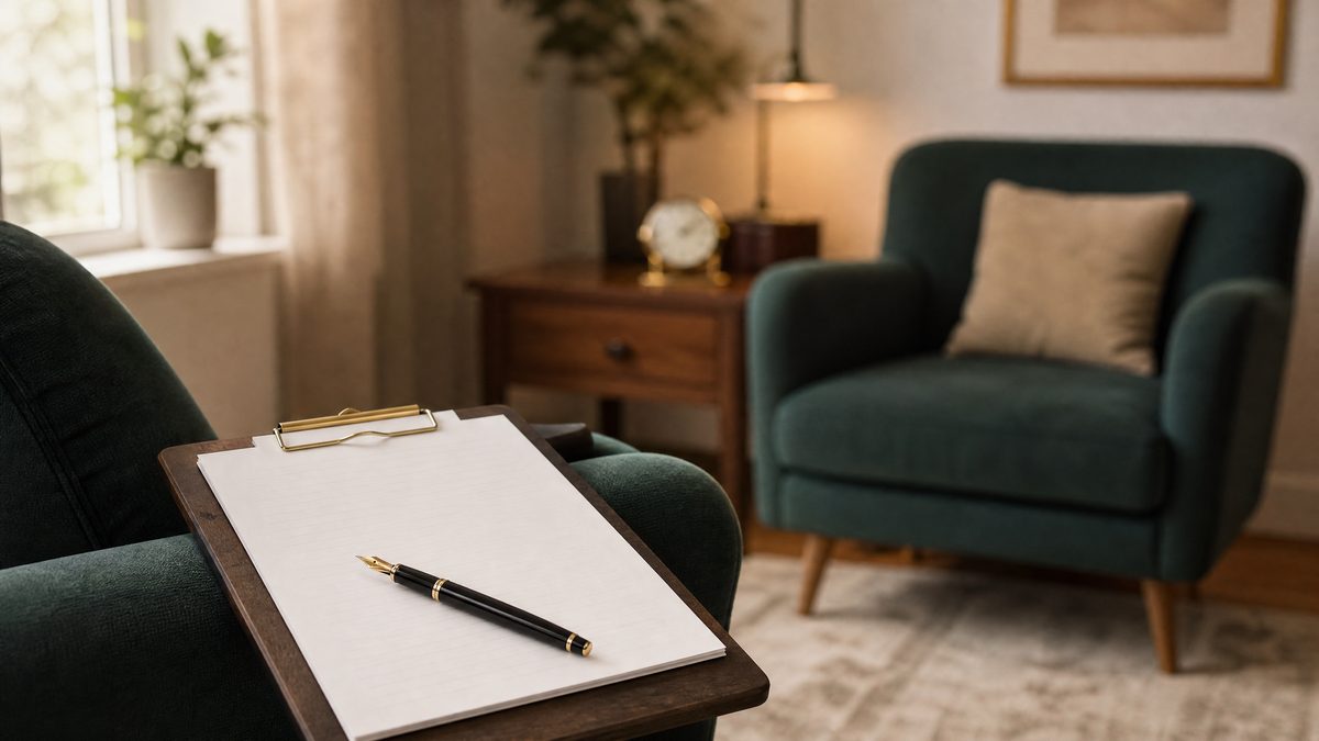 Therapist's blank intake notepad and pen beside an empty client chair before a first psychotherapy consultation
