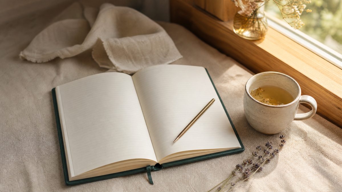 Open blank journal, pen and herbal tea by a sunlit window used to prepare for a therapy session