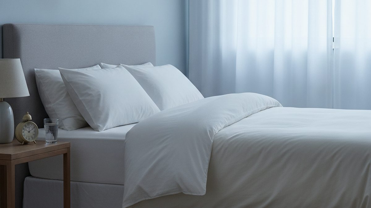 A neatly made bed in a quiet bedroom at dawn, with pale light through sheer curtains and a clock and glass of water on the bedside table