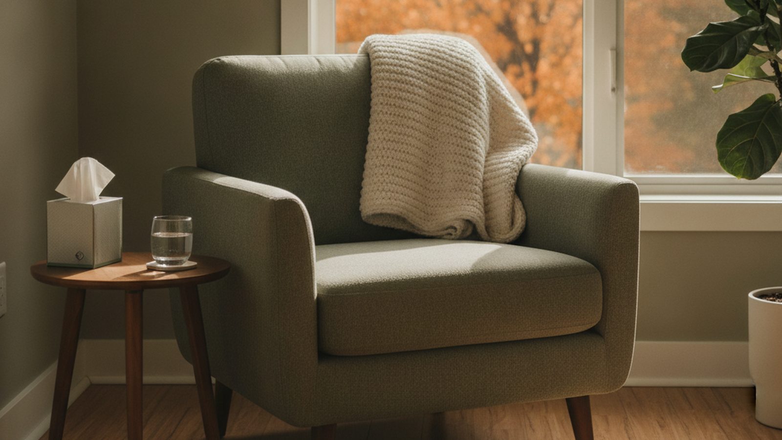 A sage-green armchair with a folded knitted blanket beside a sunny window with autumn trees, next to a small table with a glass of water and tissues
