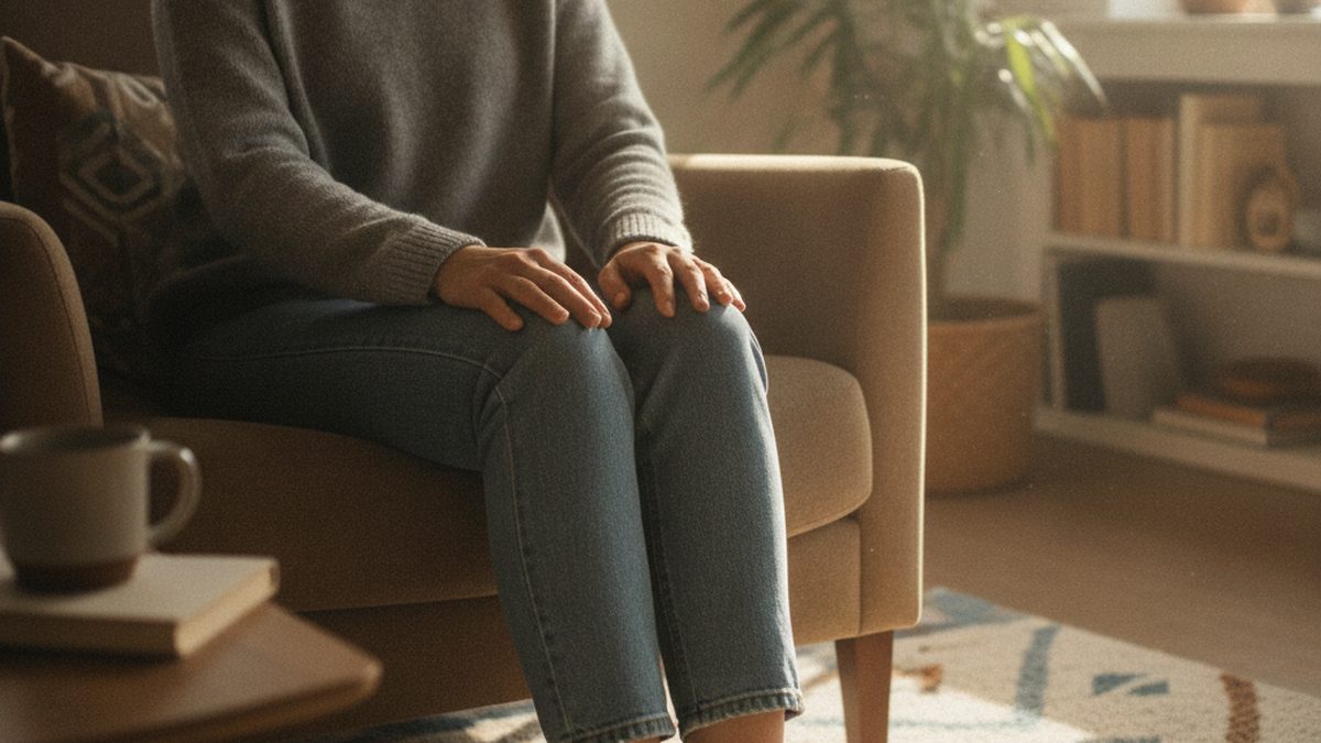 A person seated in an armchair with both hands resting on their knees and feet flat on a rug, face out of frame