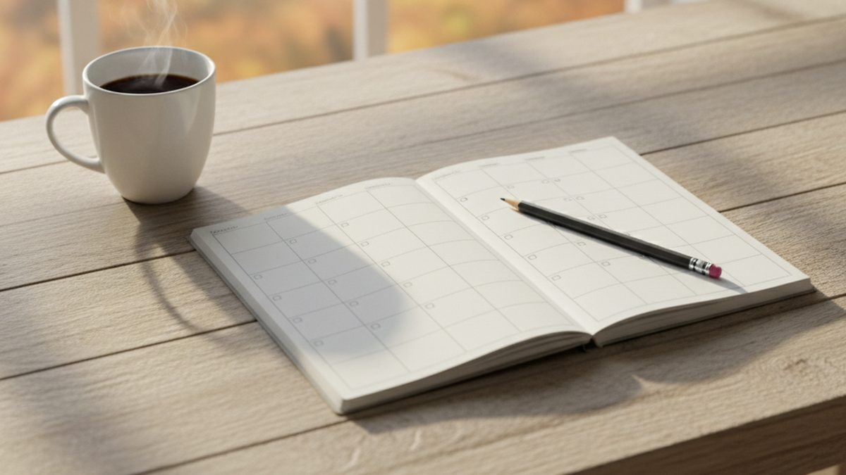 An open weekly planner with a pencil and a cup of coffee on a wooden table by a window