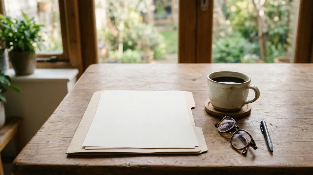 A plain folder and blank papers on a kitchen table beside a coffee mug and reading glasses