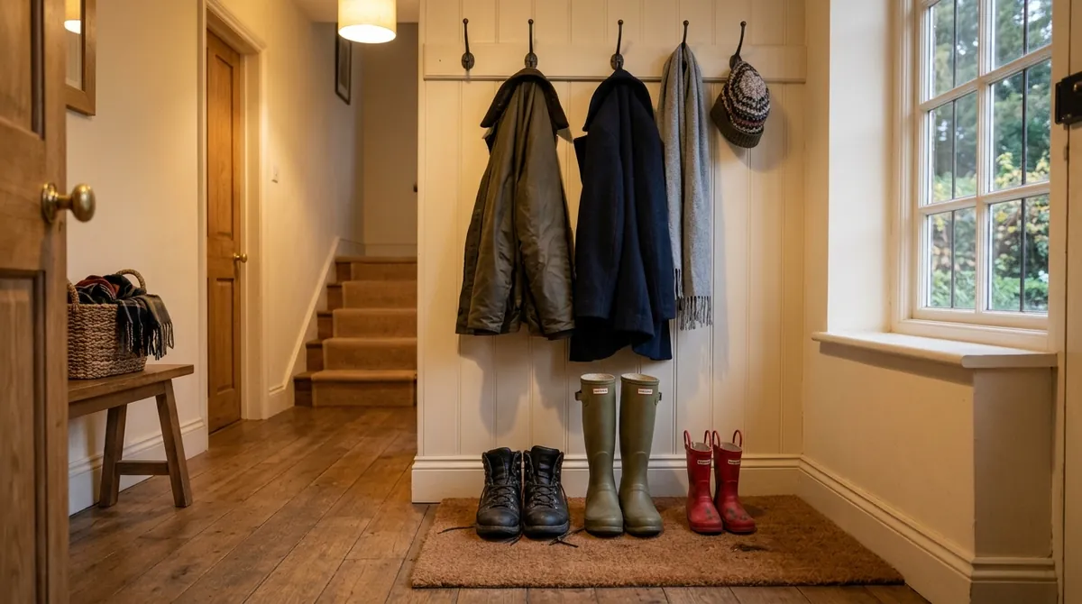 Two pairs of adult boots and a child's rain boots side by side on a hallway mat