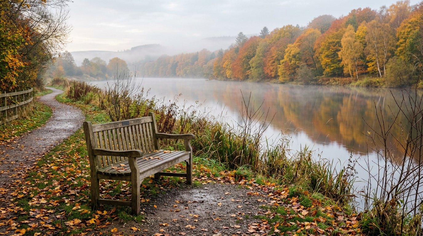 An empty wooden bench on a riverside path in early morning autumn mist with golden trees across calm water