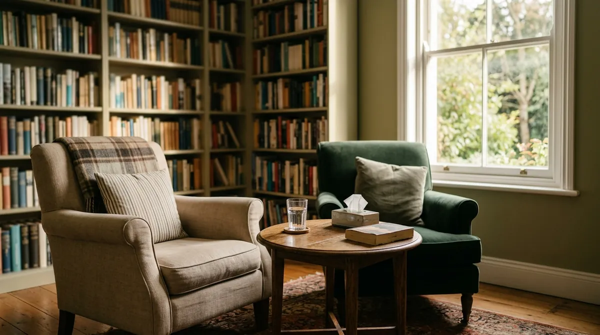 Two armchairs in a quiet therapy room with a glass of water and tissues on a small table