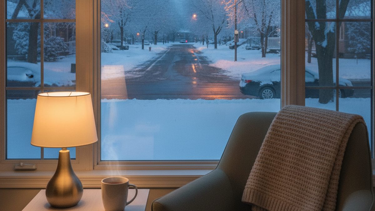 View from a warm living room window onto a snowy Ottawa residential street at dusk, a table lamp and mug of tea beside an armchair