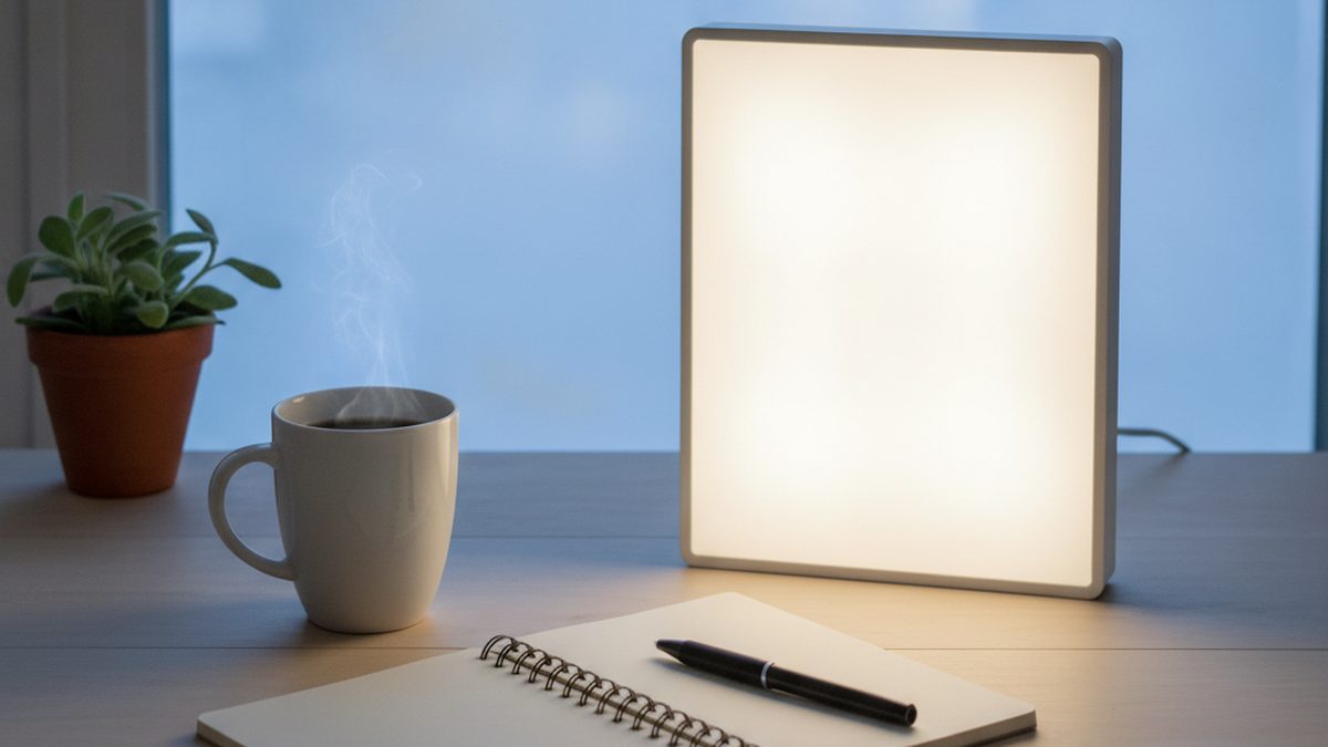 White light therapy lamp glowing on a kitchen table beside a mug of coffee, an open notebook and a small plant on a dark winter morning