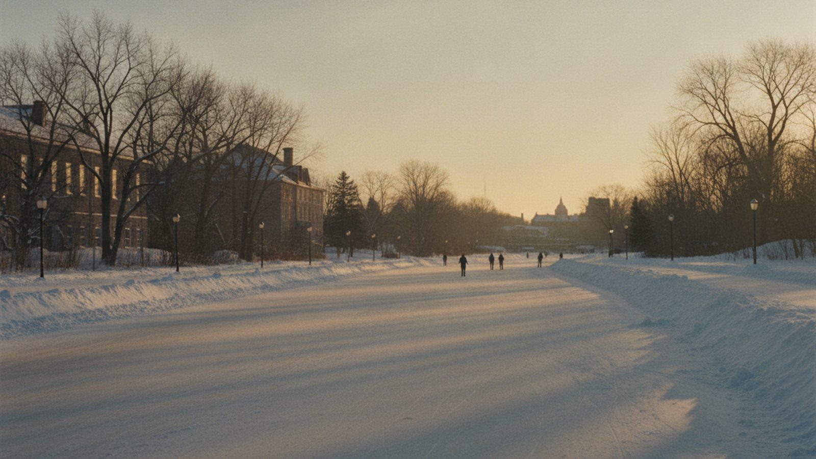 The frozen Rideau Canal in Ottawa at late afternoon, low winter sun casting long shadows across the snow with a few distant skaters