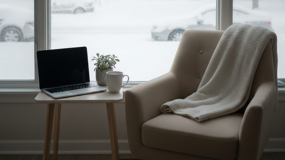 Laptop on a small side table beside an armchair with a blanket, heavy snow falling on parked cars outside the window