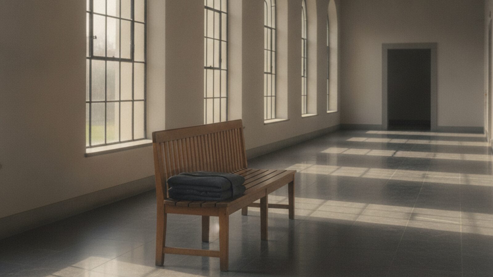Wooden bench in a quiet, empty hallway with tall arched windows and early morning light across a stone floor