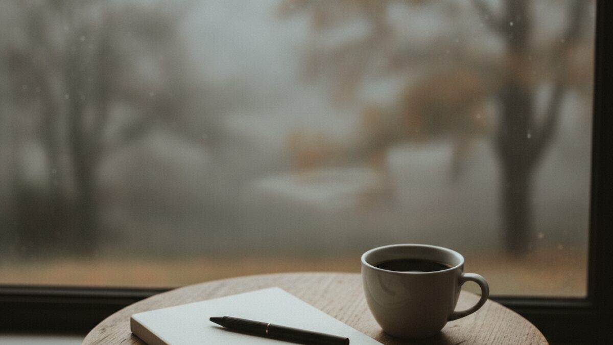 Closed notebook and pen beside a cup of black coffee on a small round table by a misty autumn window