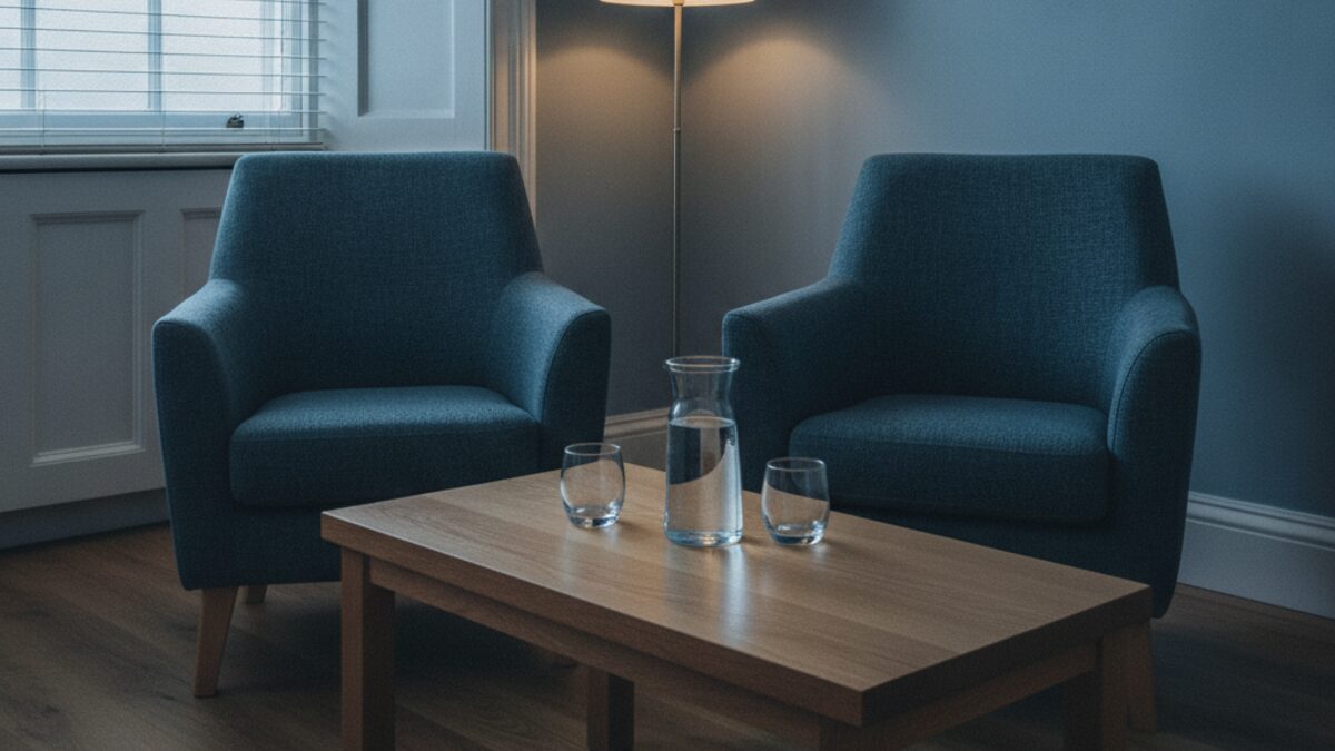 Two blue armchairs facing each other across a low wooden table with a water carafe and glasses in a quiet counselling room