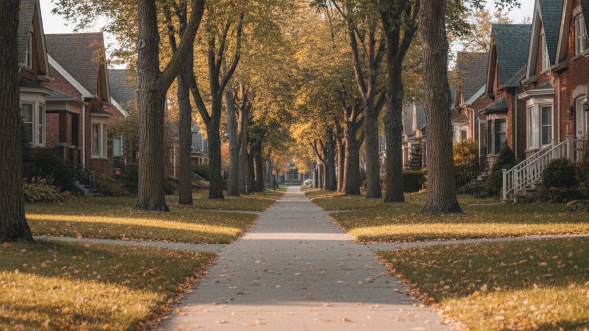 Empty tree-lined residential sidewalk in early autumn with fallen yellow leaves and brick houses