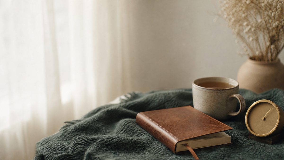 Leather journal held slightly open by a ribbon marker beside tea and a small clock on a wool blanket