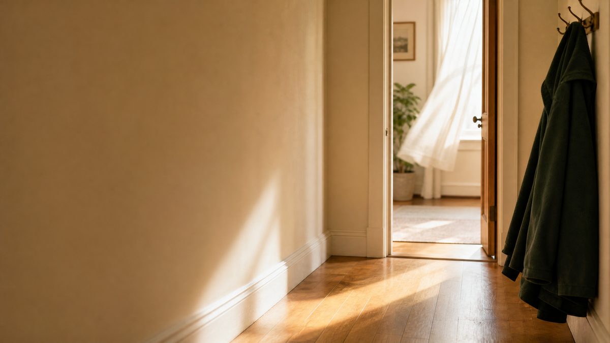 Sunlit hallway with an open doorway and a coat on a hook, representing how a trauma reminder can appear in ordinary moments
