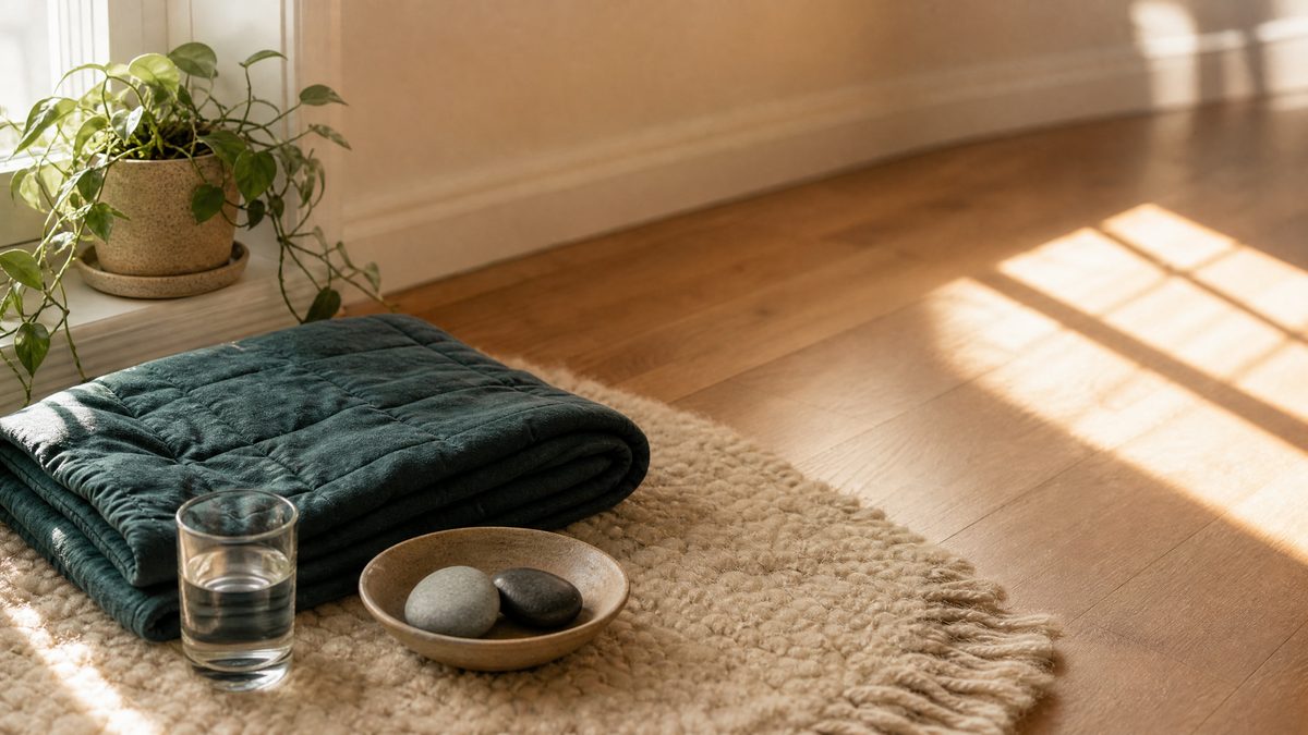 Grounding corner with a folded weighted blanket, bowl of smooth stones and a glass of water on a wool rug