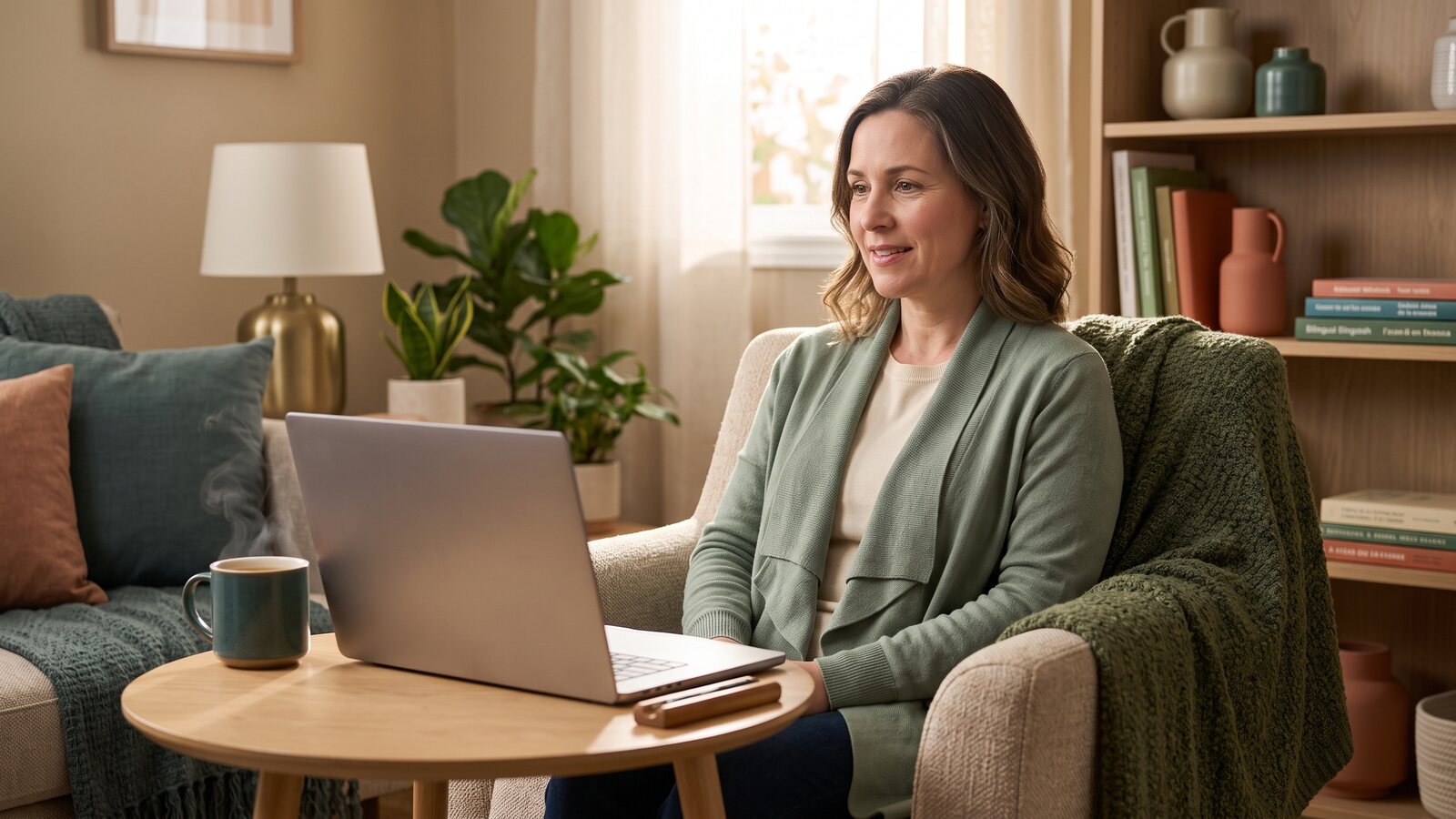 Person seated in an armchair at home with a laptop open on a side table, attending a virtual therapy session