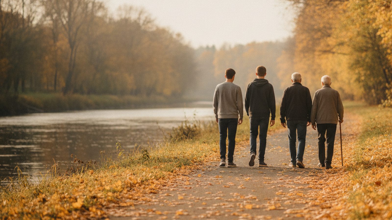 A family of different generations seen from behind walking together along a riverside path in autumn