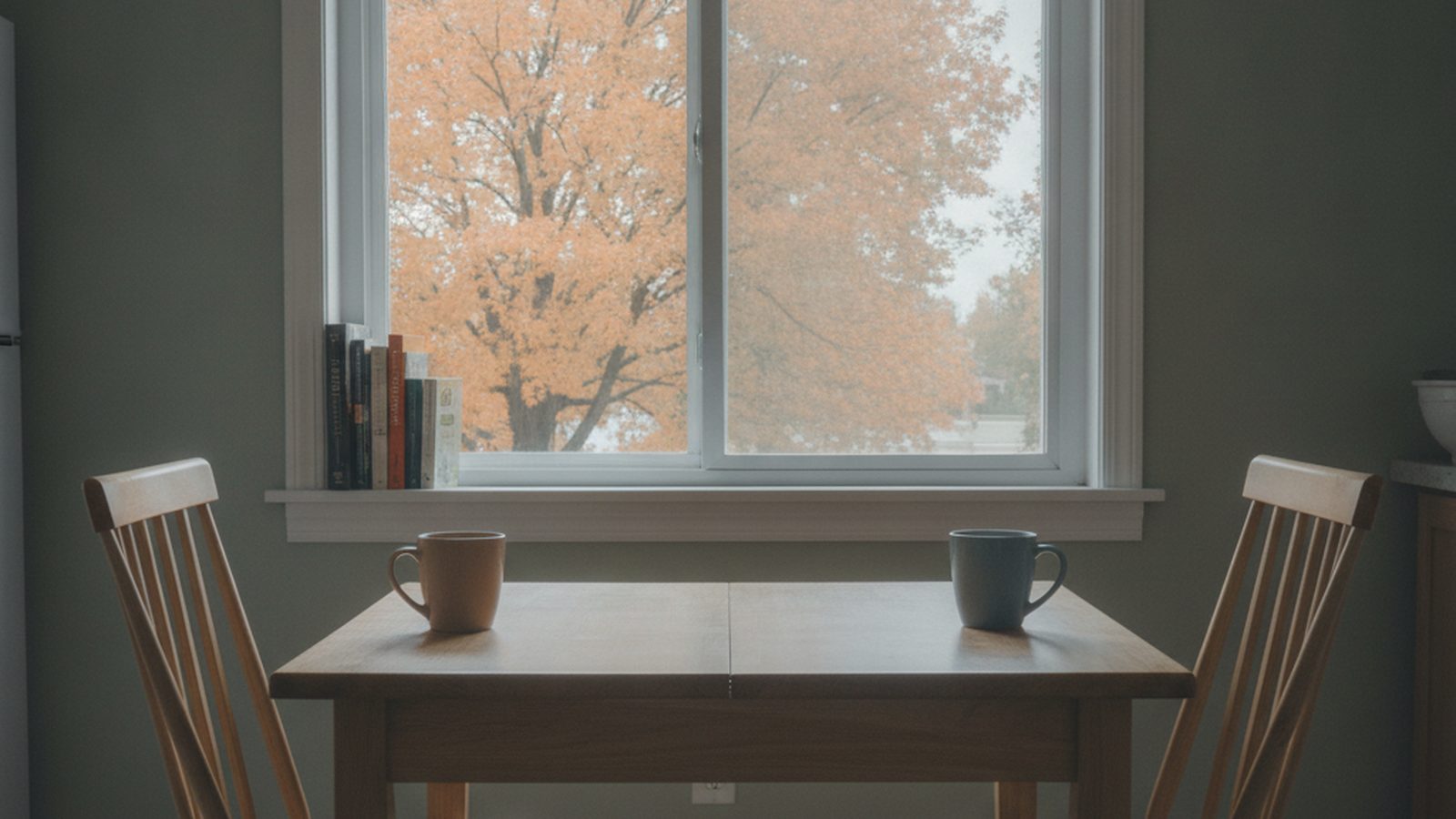 Two coffee mugs at opposite ends of a kitchen table with two empty chairs pulled apart, autumn maple trees outside the window